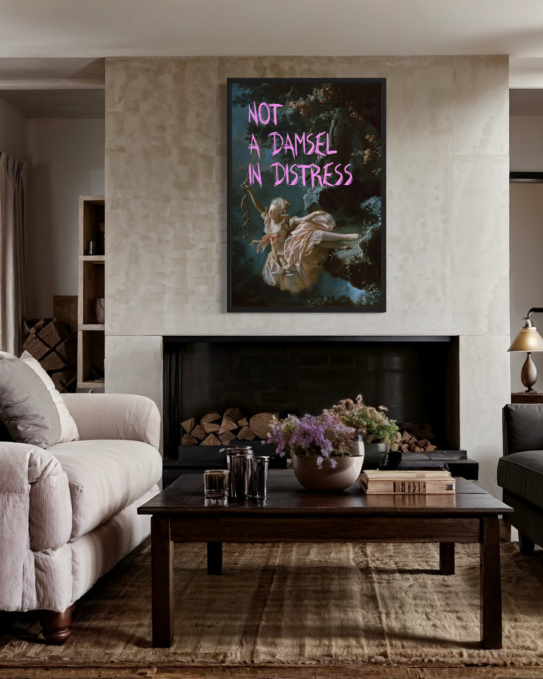 Not A Damsel In Distress Feminist Wall Art in living room