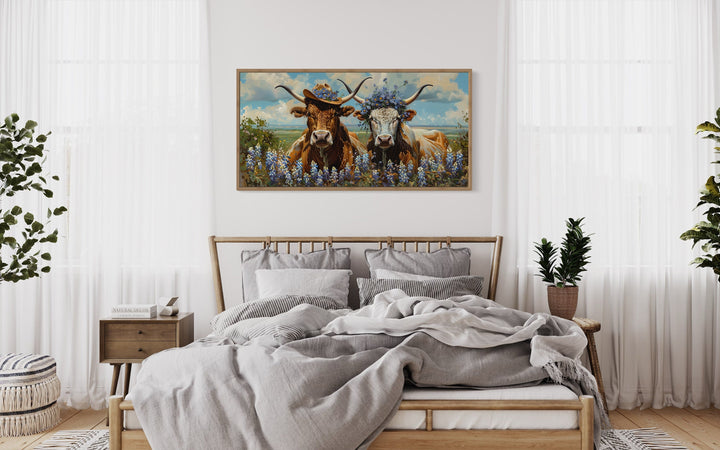 Two Texas Longhorns Cow And Bull Wall Art above bed