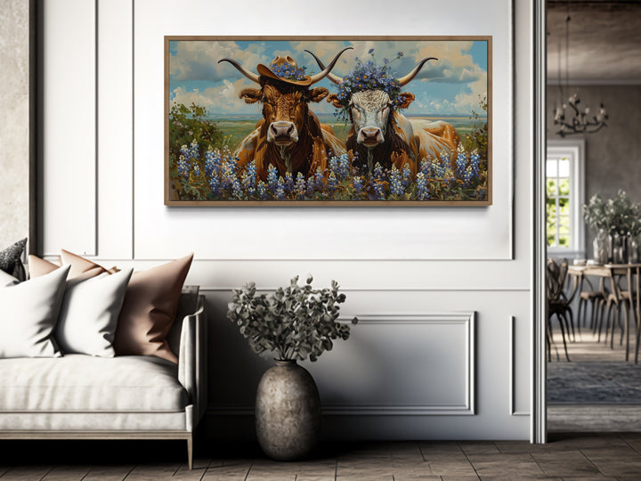Two Texas Longhorns Cow And Bull In Cowboy Hat And Bluebonnets Wall Art