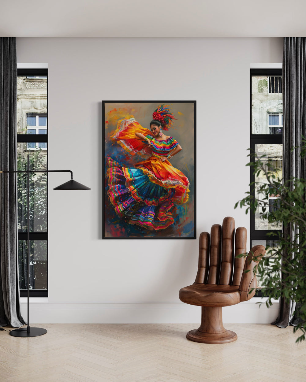 Mexican Woman Dancing Traditional Dance Framed Canvas Wall Art in living room