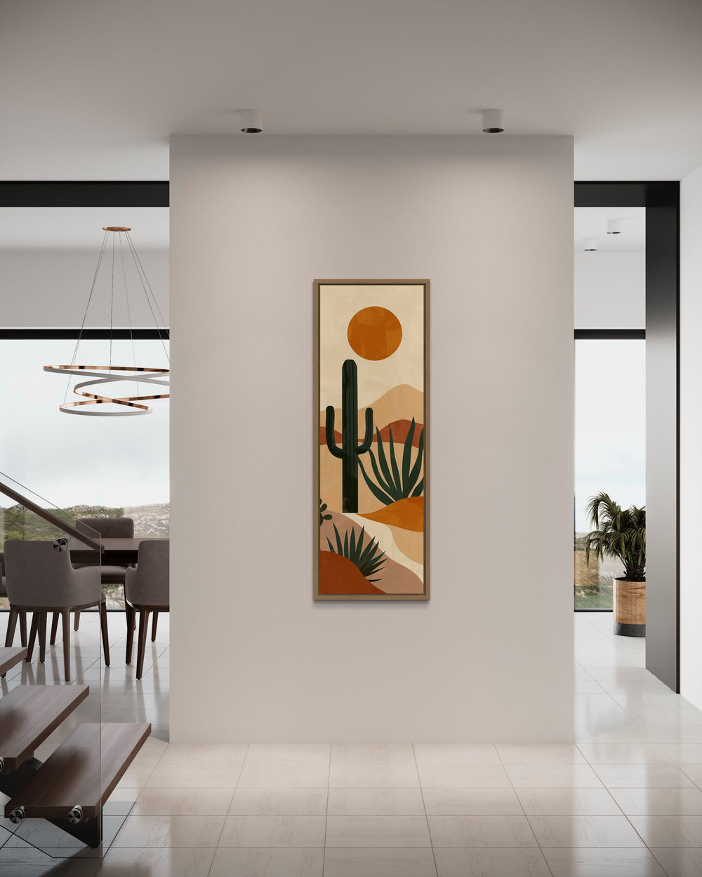 Midcentury Modern Desert Cactus Tall Narrow Vertical Wall Art in living room