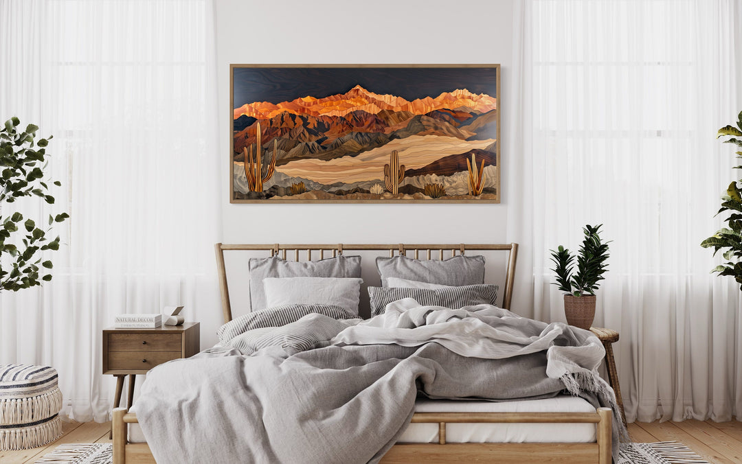 Arizona Desert With Cacti Layered Wood Style Southwestern Canvas Wall Art above bed