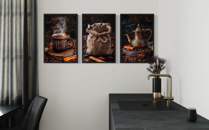 Set Of 3 Coffee Beans, Mug And Coffee Maker Framed Canvas Wall Art in the kitchen