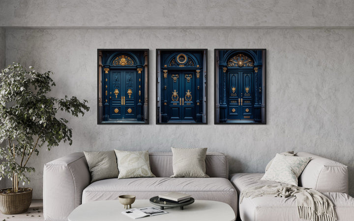 Set Of Three Navy Blue Gold European Doors Canvas Wall Decor above couch