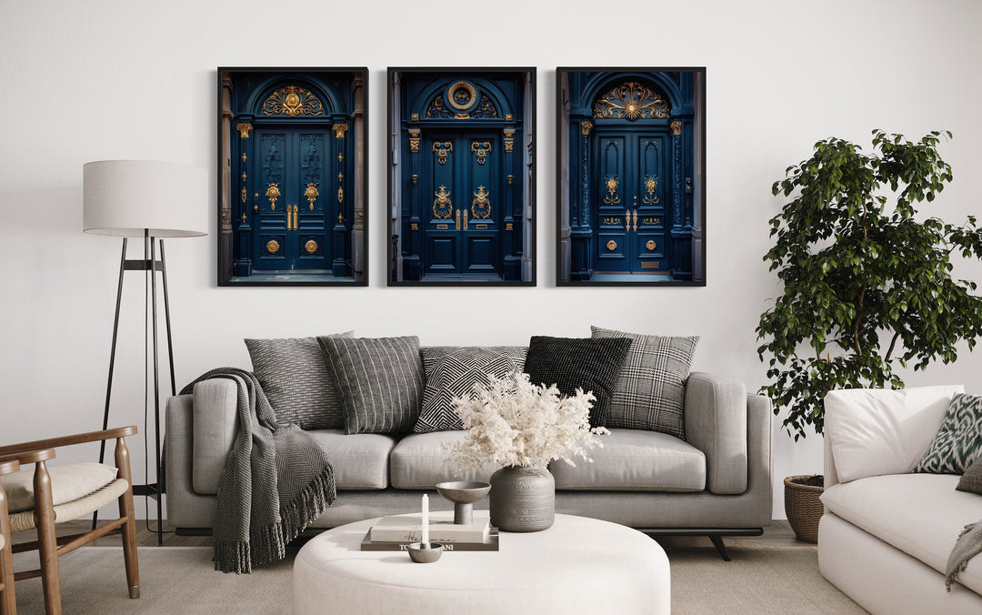 Set Of Three Navy Blue Gold European Doors Canvas Wall Decor