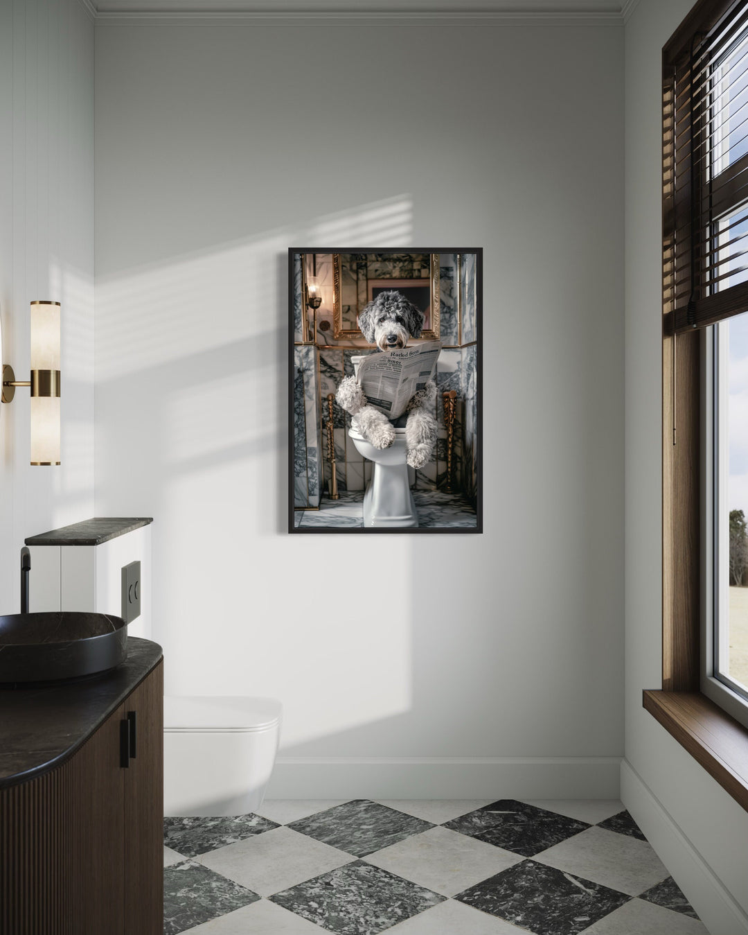 Aussiedoodle Dog On The Toilet Reading Newspaper Framed Canvas Wall Art in the bathroom