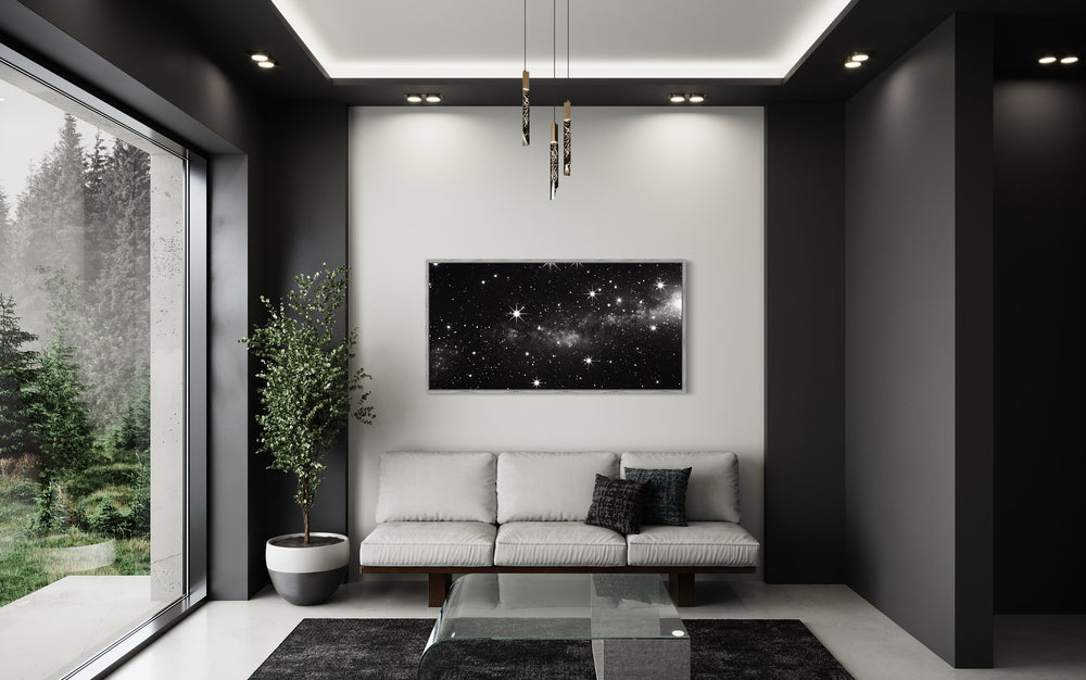 Black White Night Sky With Stars Framed Canvas Wall Art above white couch