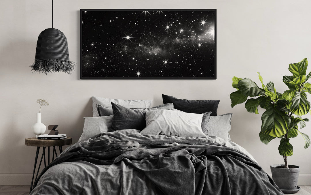 Black White Night Sky With Stars Framed Canvas Wall Art