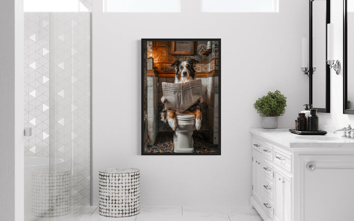 Australian Shepherd Dog On The Toilet Reading Newspaper Framed Canvas Wall Art in toilet