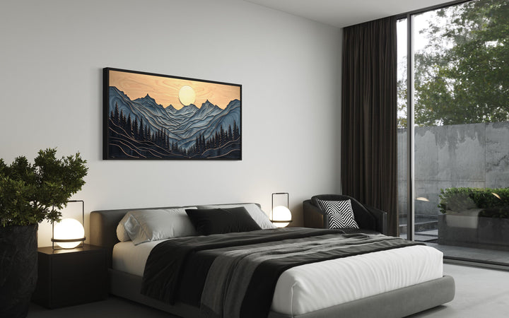 Grey Layered Wood Mountain Painting Framed Canvas Wall Art in bedroom