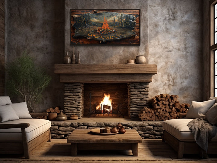 Campfire "Campers Welcome" Sign Over Fireplace Mantel Wall Art