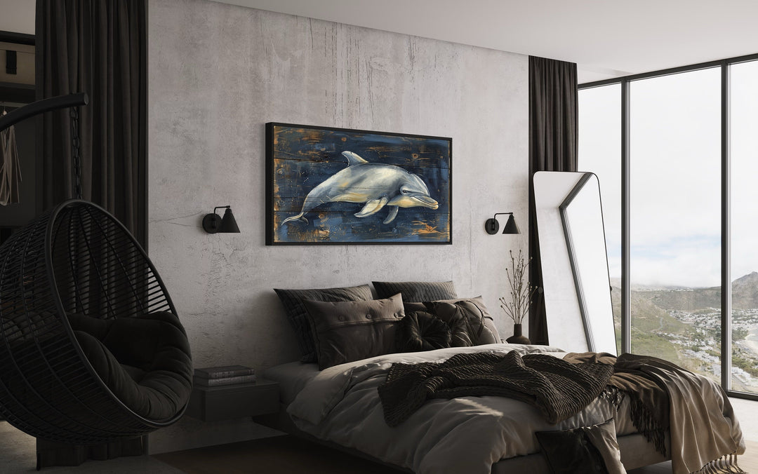 Dolphin Painting on Navy Blue Distressed Wood Framed Canvas Wall Art above bed