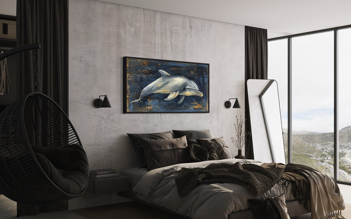 Dolphin Painting on Navy Blue Distressed Wood Framed Canvas Wall Art above bed