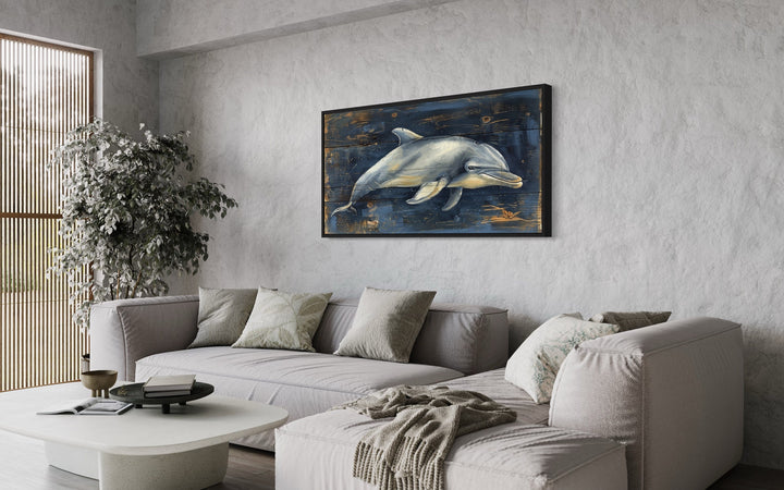 Dolphin Painting on Navy Blue Distressed Wood Framed Canvas Wall Art side view