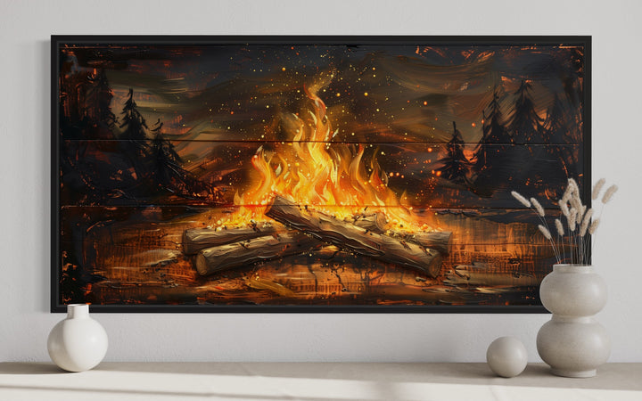 Campfire In The Forest Painted On Wood Camping Wall Art close up