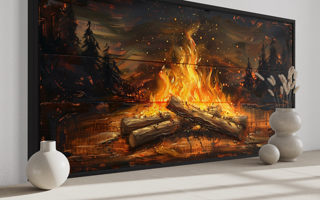 Campfire In The Forest Painted On Wood Camping Wall Art side view