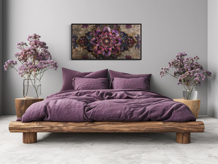 Purple Lotus Mandala Indian Rug Style Framed Canvas Wall Art in bedroom