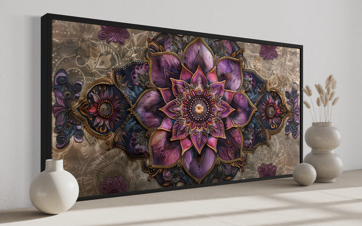 Purple Lotus Mandala Indian Rug Style Framed Canvas Wall Art in side view