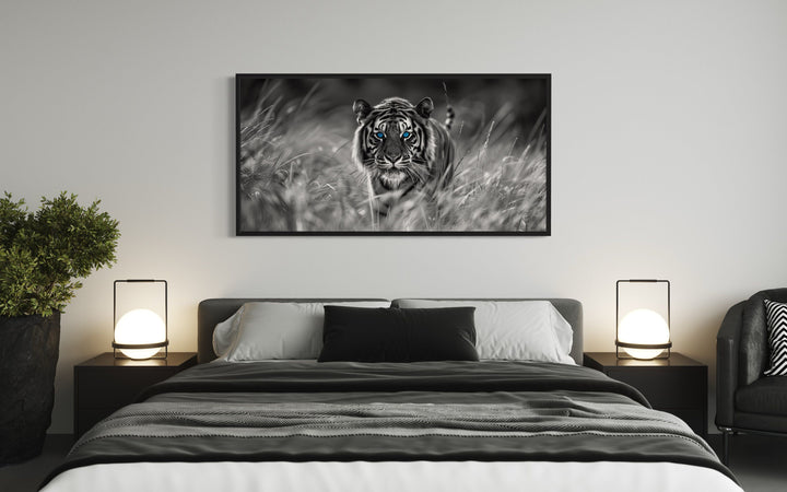 Tiger With Blue Eyes Black White Photography Framed Canvas Wall Art above bed