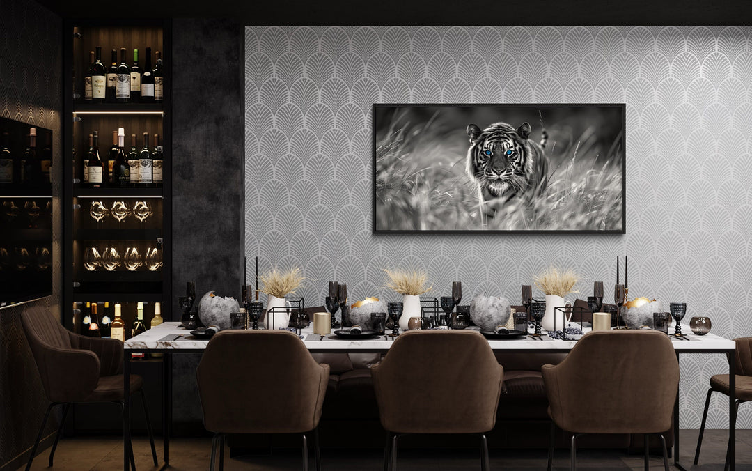 Tiger With Blue Eyes Black White Photography Framed Canvas Wall Art in dining room