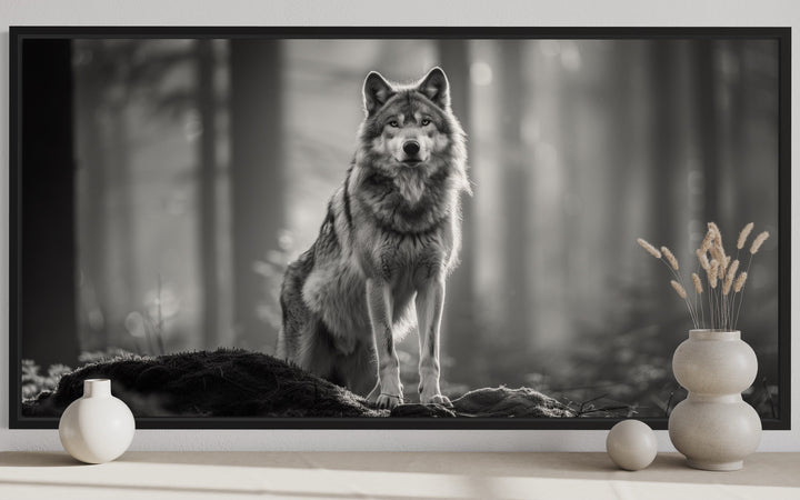 Wolf In The Forest Black White Photography Framed Canvas Wall Art close up