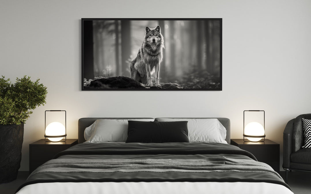 Wolf In The Forest Black White Photography Framed Canvas Wall Art in bedroom