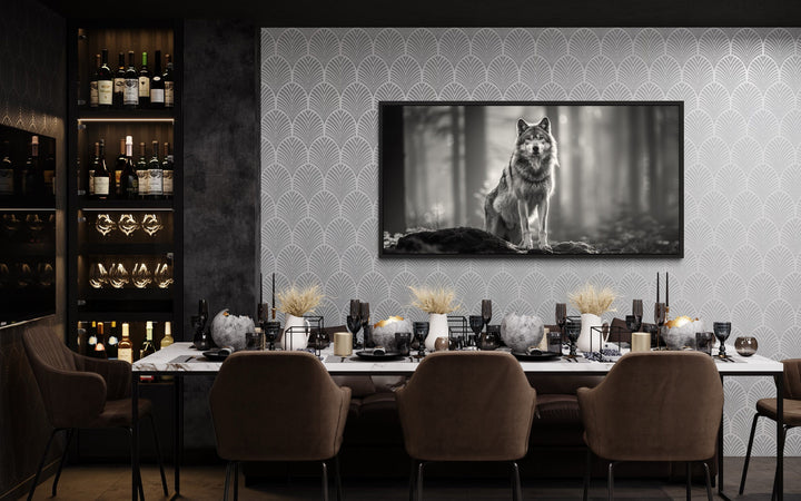 Wolf In The Forest Black White Photography Framed Canvas Wall Art in dining room