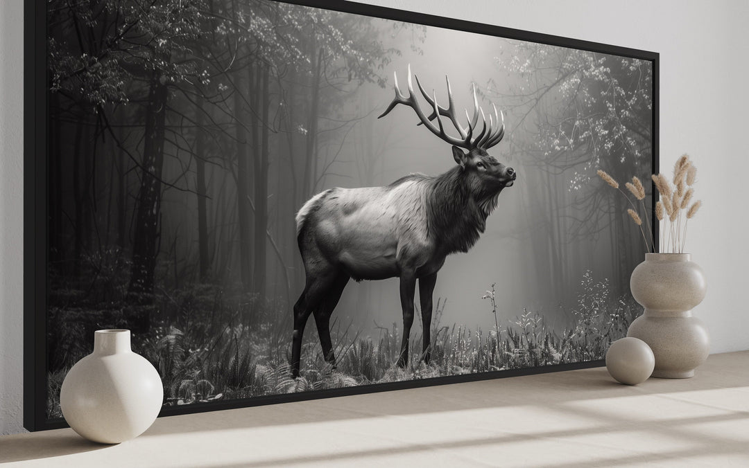 Elk Stag In The Forest Black White Photography Framed Canvas Wall Art side view