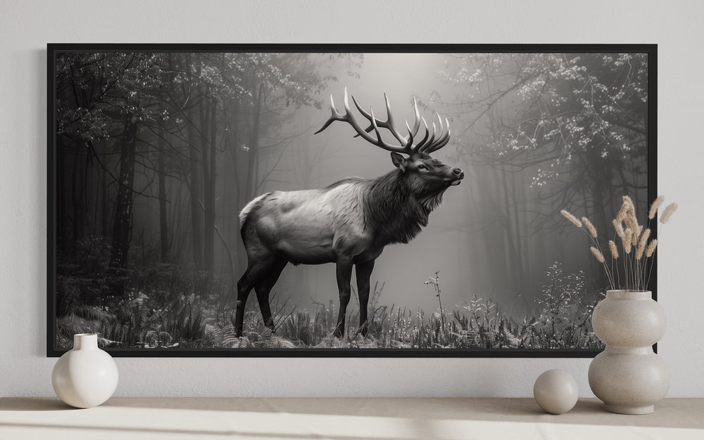 Elk Stag In The Forest Black White Photography Framed Canvas Wall Art close up