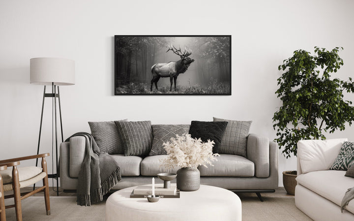 Elk Stag In The Forest Black White Photography Framed Canvas Wall Art above grey couch
