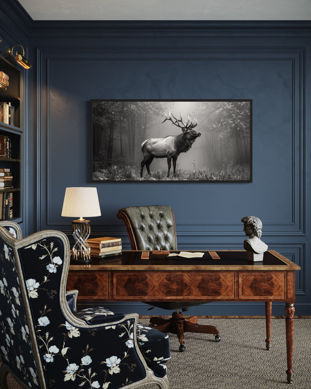 Black White Photo Style Elk Stag In The Forest Framed Canvas Wall Art