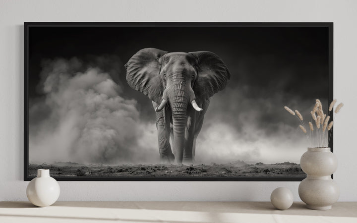 Elephant In Savanna Dust Black White Photography Framed Canvas Wall Art
