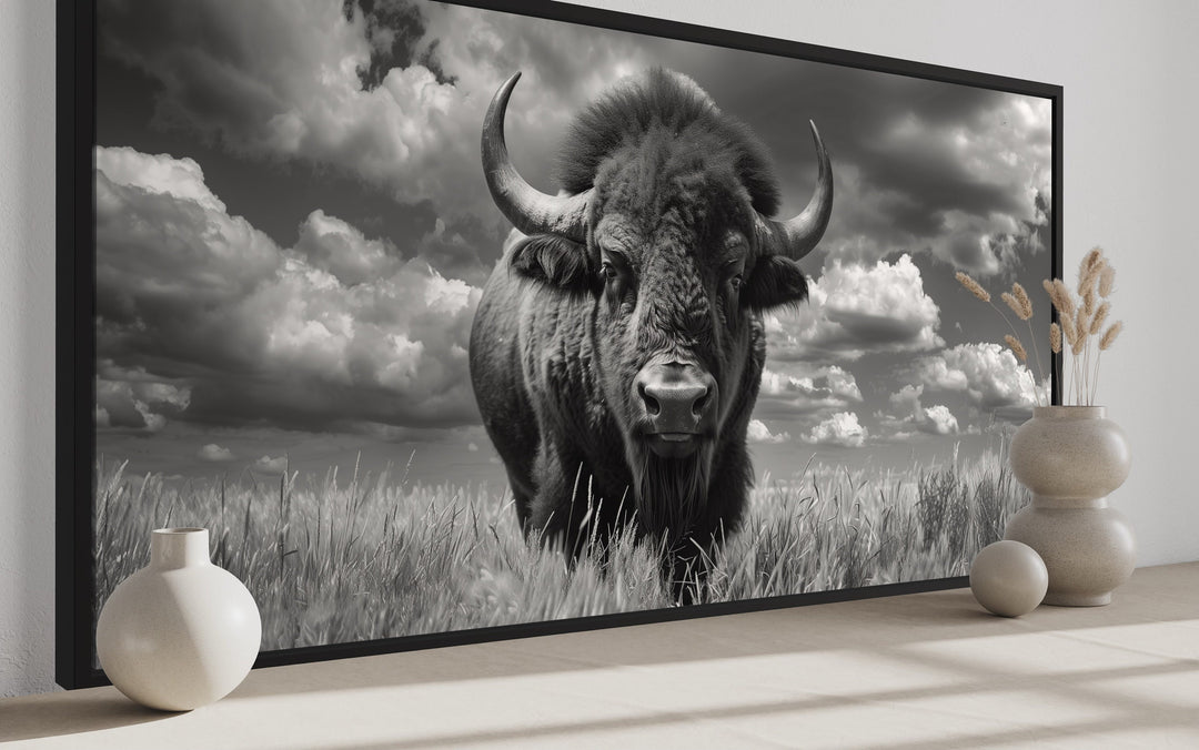 American Bison In Nature Black White Photography Framed Canvas Wall Art side view