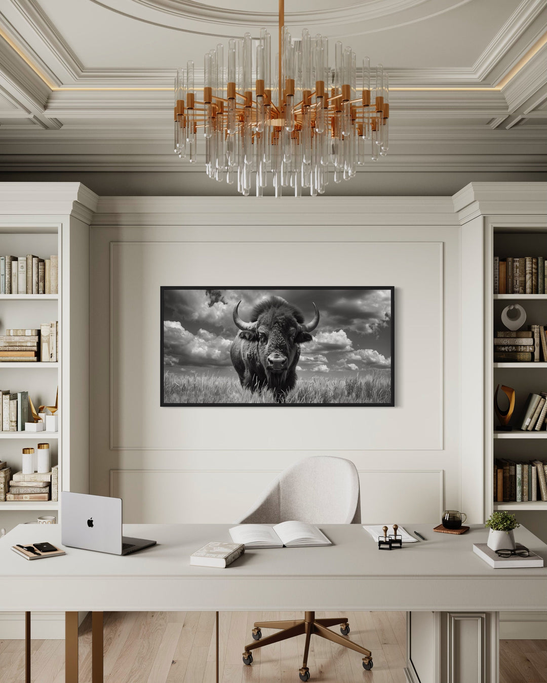 American Bison In Nature Black White Photography Framed Canvas Wall Art in office