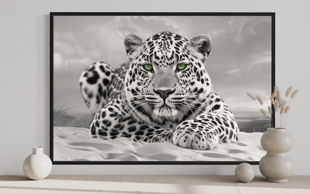 Leopard With Green Eyes Black White Photography Framed Canvas Wall Art