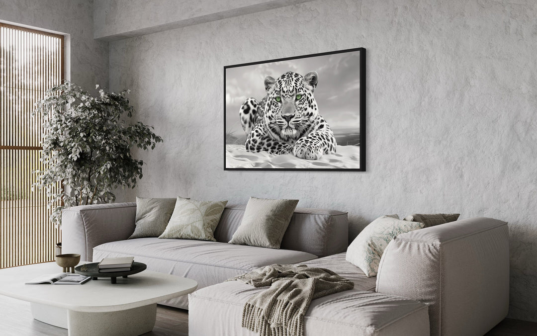 Leopard With Green Eyes Black White Photography Framed Canvas Wall Art above grey couch