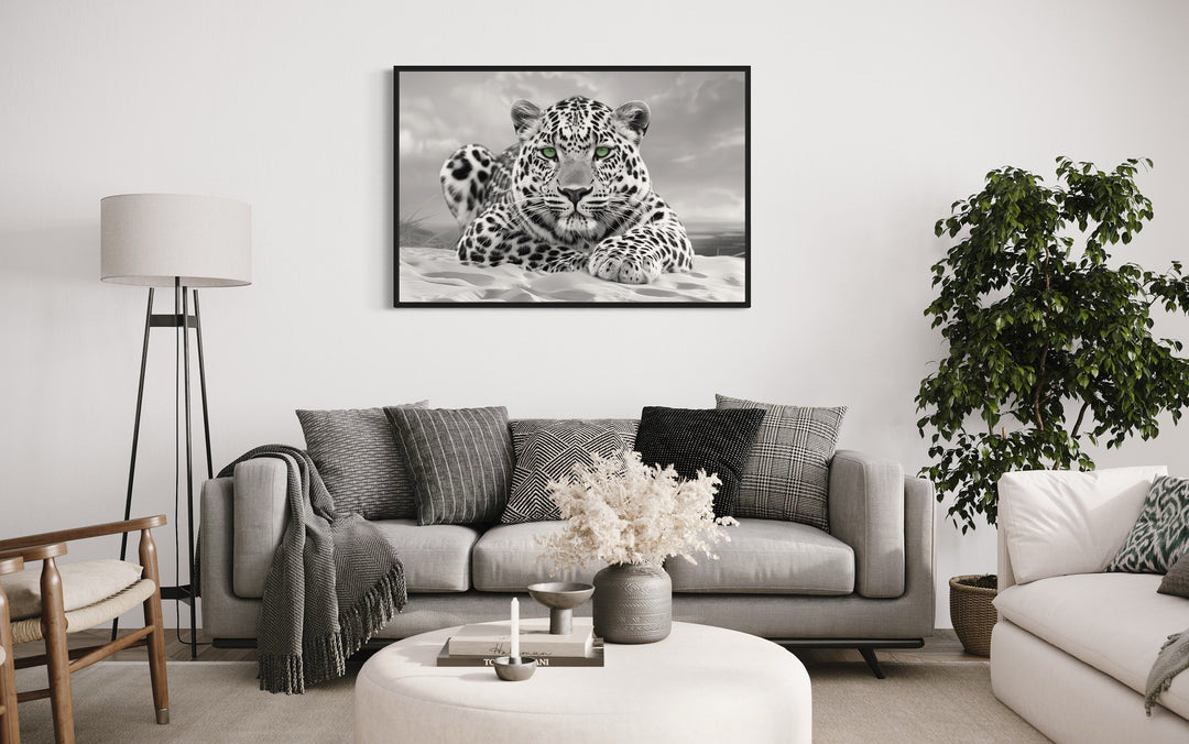 Leopard With Green Eyes Black White Photography Framed Canvas Wall Art above grey couch
