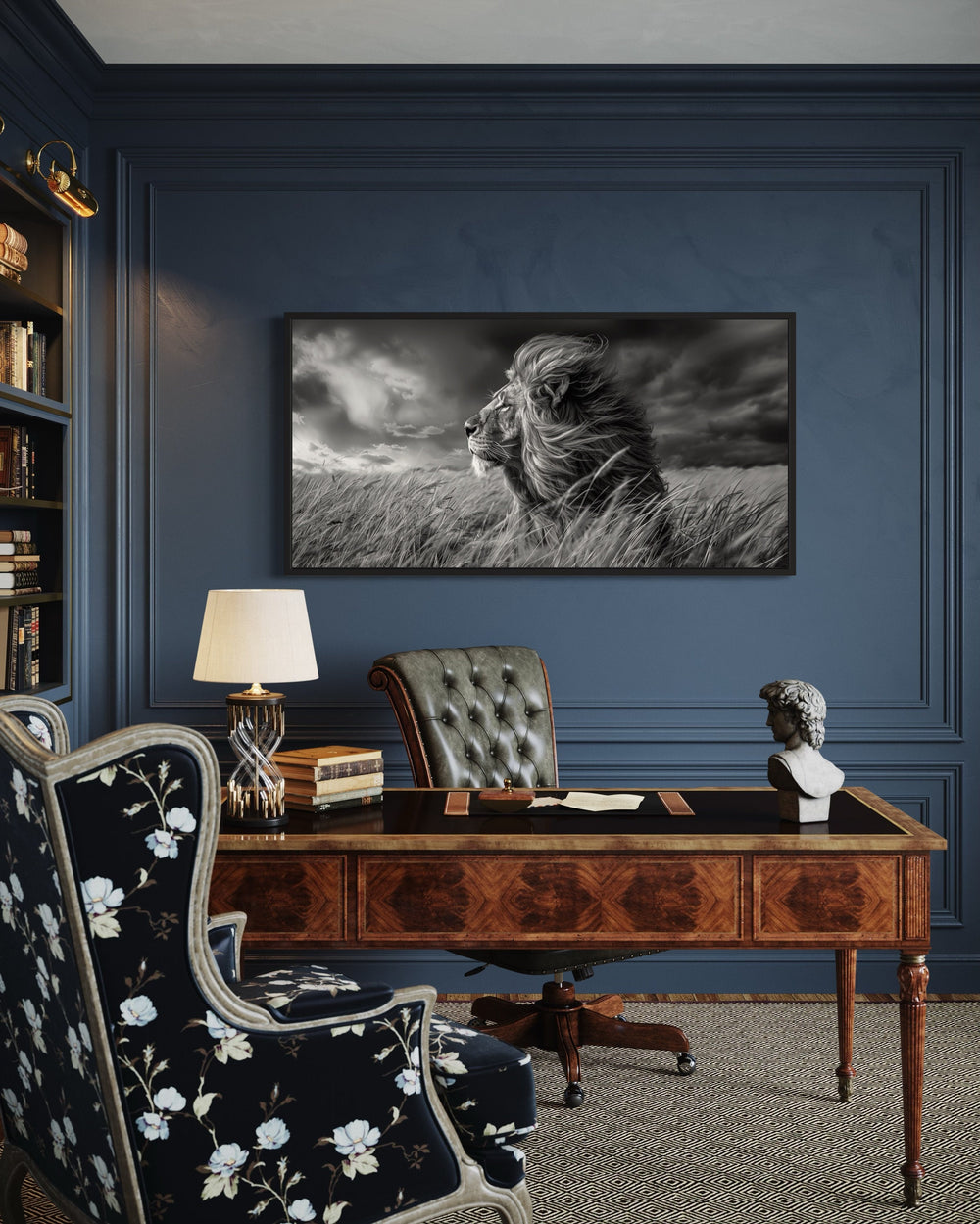 Lion in Savanna Grass Black White Photography Framed Canvas Wall Art in the office