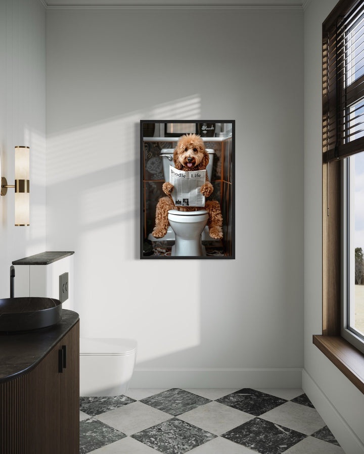 Goldendoodle Bathroom Picture On Toilet Framed Canvas Wall Art in bathroom