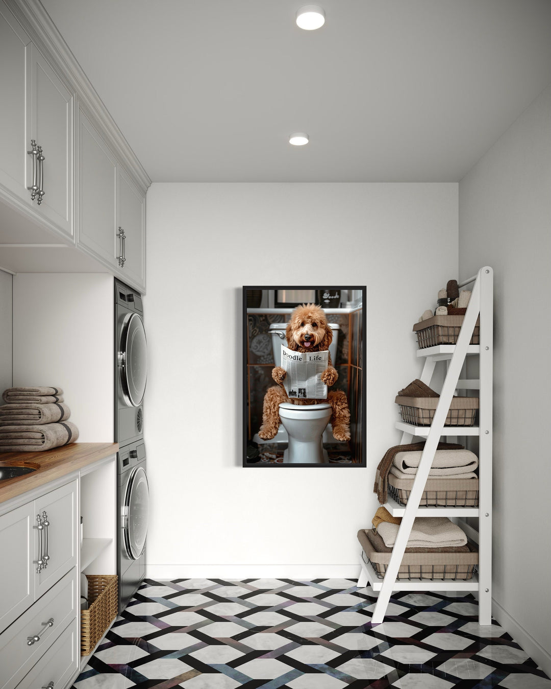 Goldendoodle Bathroom Picture On Toilet Framed Canvas Wall Art in bathroom