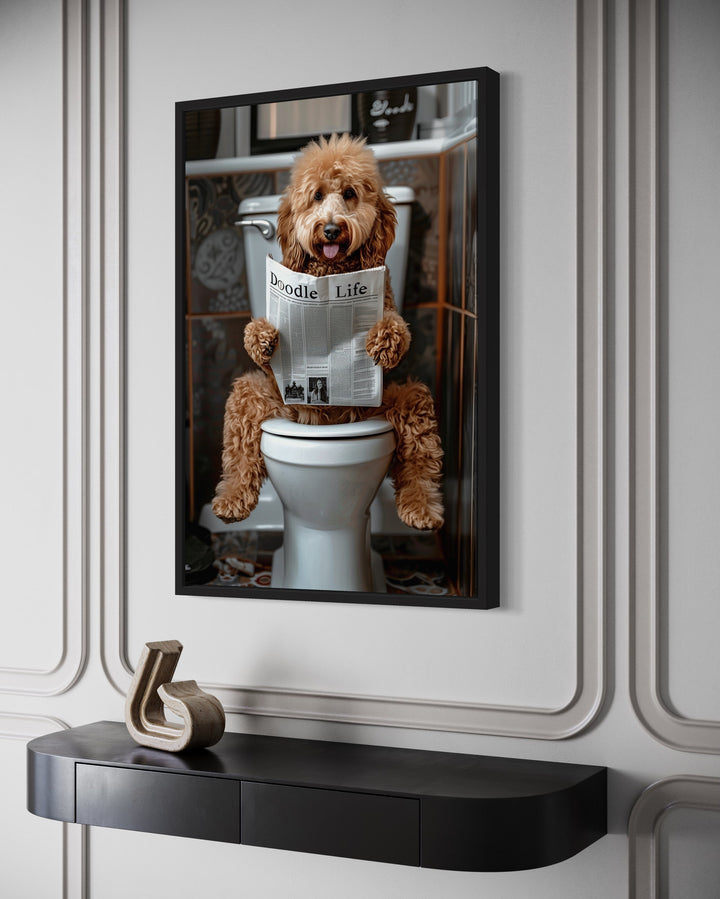 Goldendoodle Bathroom Picture On Toilet Framed Canvas Wall Art side view