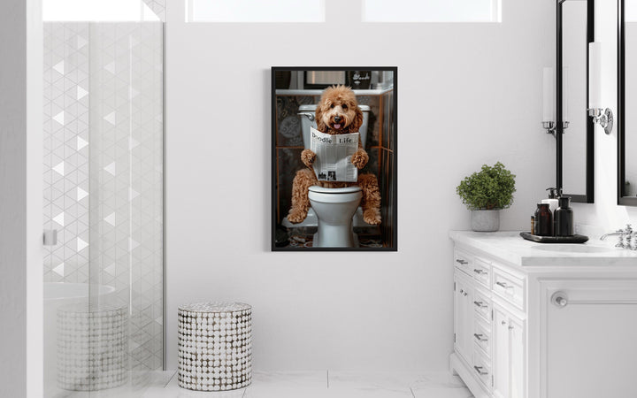 Goldendoodle Bathroom Picture On Toilet Framed Canvas Wall Art in bathroom