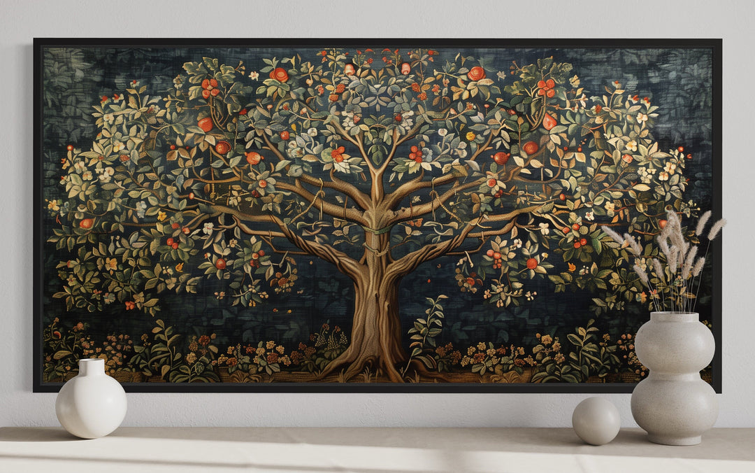 Antique Tapestry Style Tree Of Life Framed Canvas Wall Art close up