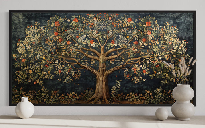 Antique Tapestry Style Tree Of Life Framed Canvas Wall Art close up