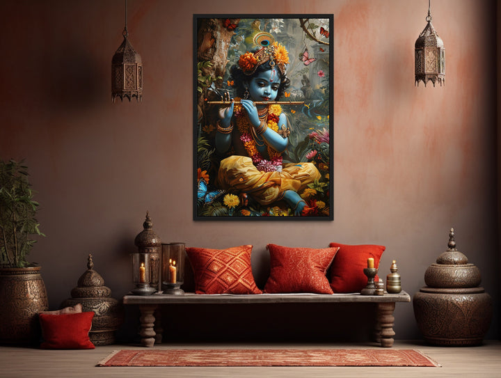 Baby Krishna In Vrindavan Forest Playing Flute For Butterflies Wall Art in Indian room