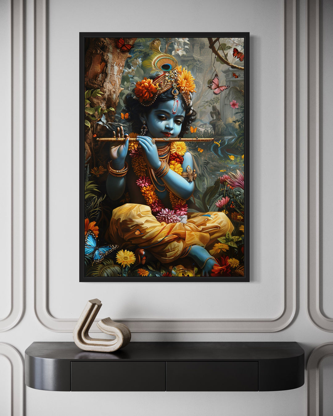 Baby Krishna In Vrindavan Forest Playing Flute For Butterflies Wall Art close up