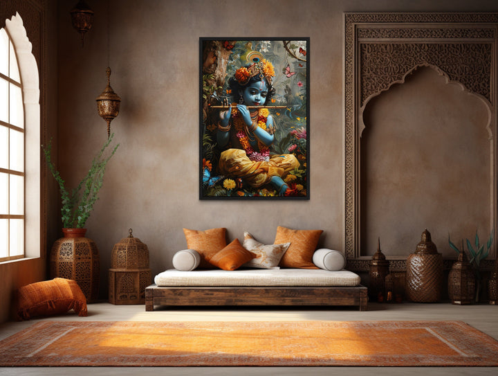 Baby Krishna In Vrindavan Forest Playing Flute For Butterflies Wall Art in Indian room