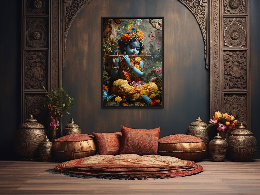 Baby Krishna In Vrindavan Forest Playing Flute For Butterflies Wall Art in Indian room