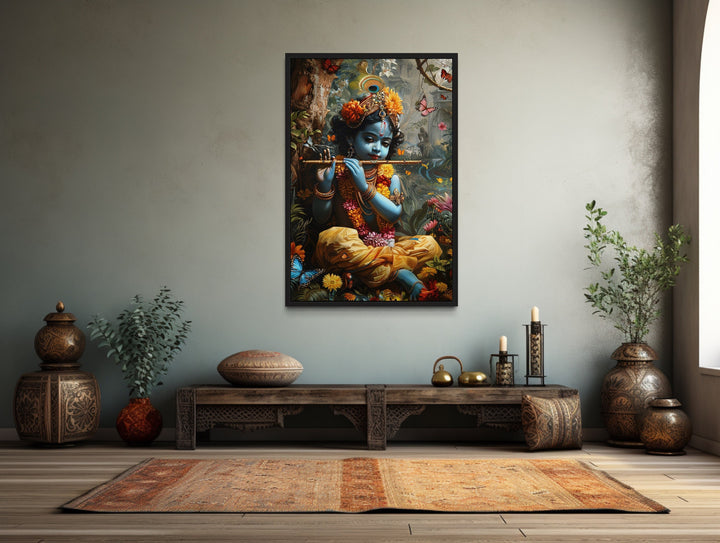 Baby Krishna In Vrindavan Forest Playing Flute For Butterflies Wall Art