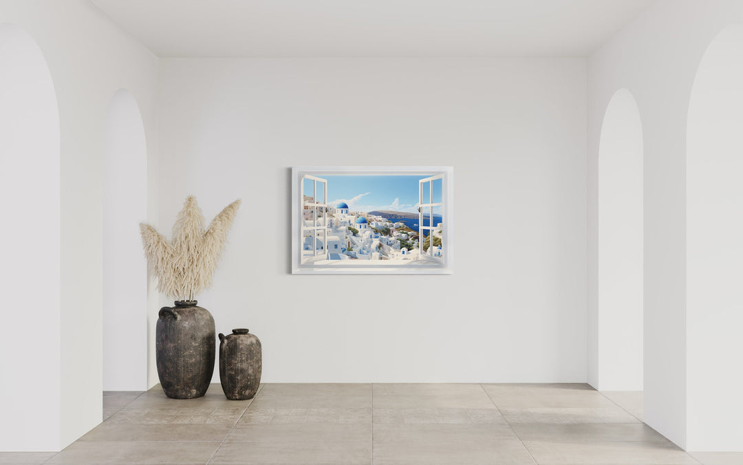 Santorini View From Open Window Canvas Wall Art in living room